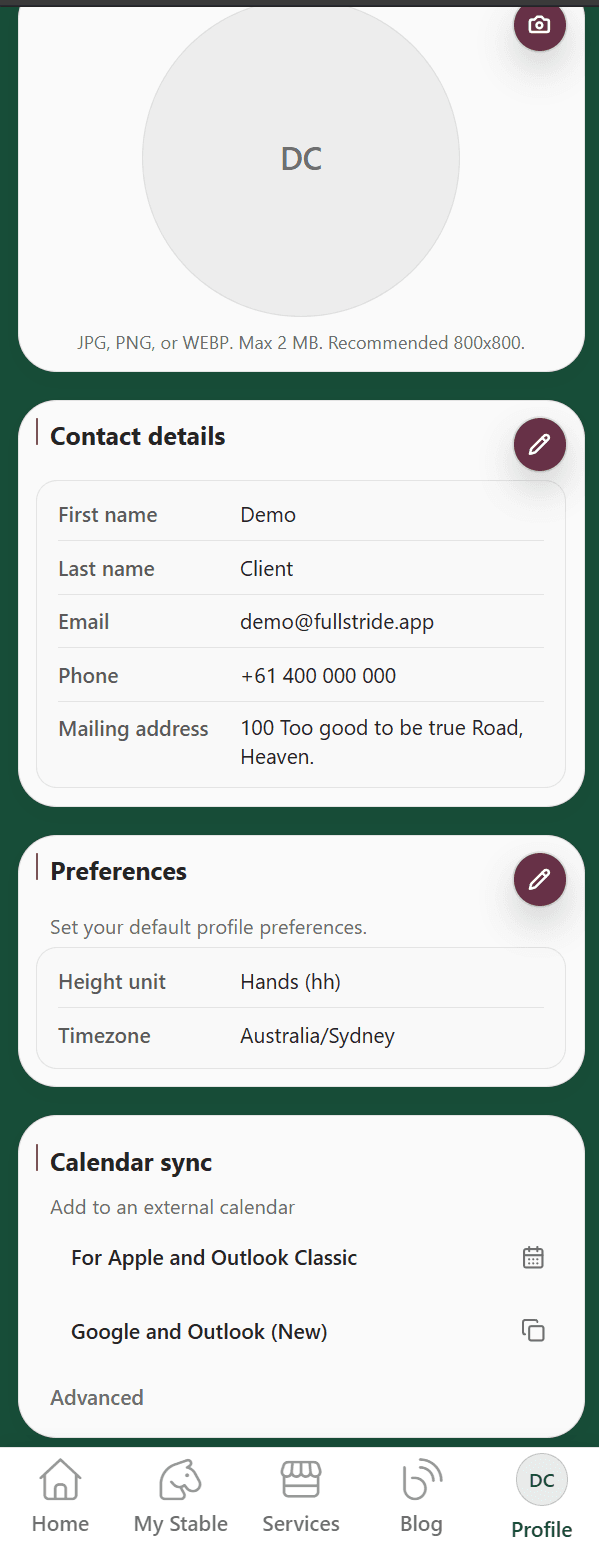 My Profile page showing the Calendar sync section in the client portal.
